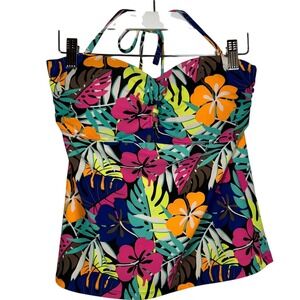 la Vie en Rose Aqua Tropical Hibiscus Tankini Top Neon Floral Halter Large